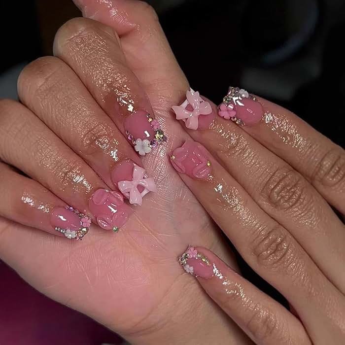 Pink Press on Short Square Fake Nails with 3D Bow Charms Design - Flower False Glue on Cute Acrylic Rhinestone Glossy Full Cover Stick on for Women Manicure - 24Pcs - Product Image