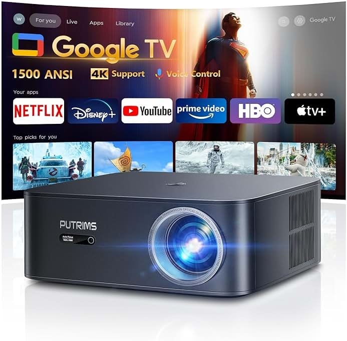 [Ultra Bright/Google TV/4K Support] Smart-Projector with WiFi 6 and Bluetooth, Built-in Apps, Outdoor Movie Proyector, 1080P Home Theater Auto Focus Projector, PUTRIMS K12 (Gray, Standard) - Product Image