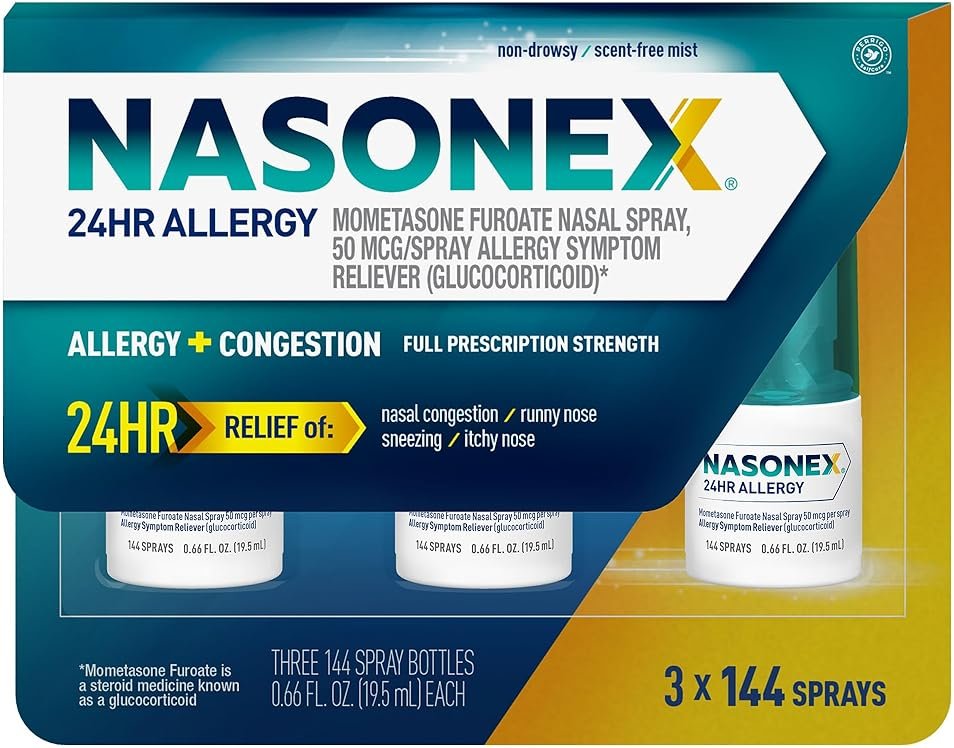 Nasonex 24HR Allergy Nasal Spray, Non-Drowsy, Scent-Free Mist,Allergy Symptoms + Nasal Congestion, Full Prescription Strength, 120 Sprays (3 Pack) - Product Image