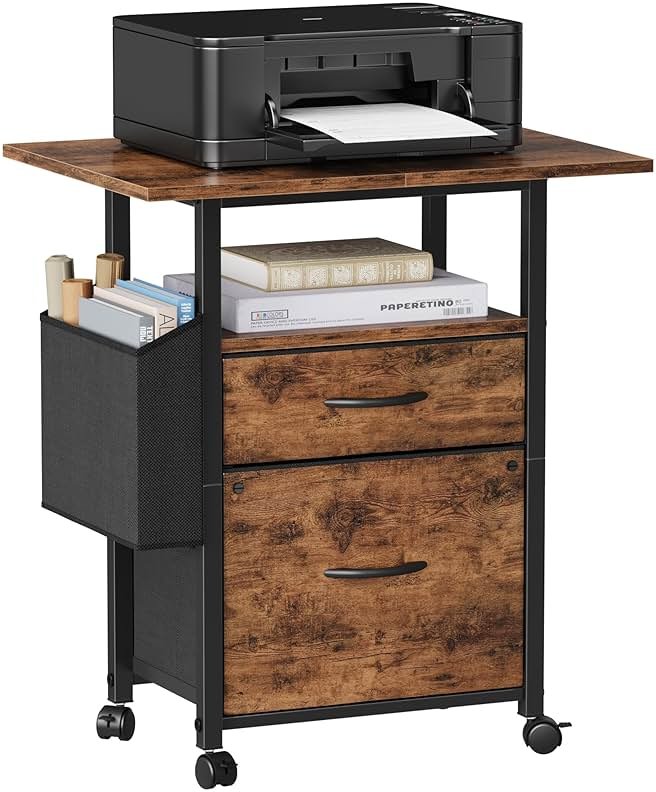 GYIIYUO 2 Drawer File Cabinet with 24'' Extended Desktop, Mobile Filing Cabinet, Rolling File Cabinet with Side Bag, Fabric Drawer, Fits A4/Letter Size, Printer Stand Home Office, Light Brown - Product Image