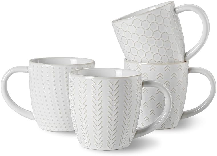 Lareina Coffee Mug Set of 4, 12 oz Ceramic Embossment Mug Set for Latte, Hot Tea, Cappuccino, Mocha, Cocoa, Housewarming Wedding Gift, Ivory White - Product Image