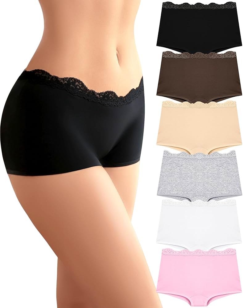 UNDER THE SEA Boy Shorts Underwear for Women Cotton Boxer Briefs Full Covreage Lace Boyshort Womens Panties 6 Pack - Product Image