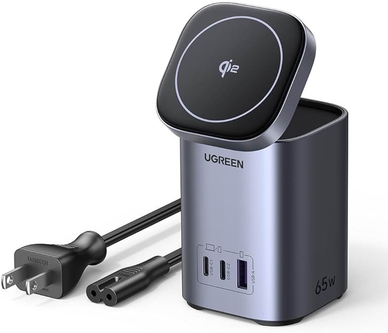 UGREEN Nexode 65W GaN USB C Charging Station Stand Foldable, 3-Port Desktop Charger with 15W Qi2 MagSafe Wireless Charging Stand for iPhone 17/16/15/14/13/12, Galaxy S25/S24, Pixel 10/9, iPad Air - Product Image