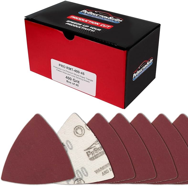 ProductionShop Premium 400 Grit Triangle Mouse Detail Sander Sandpaper Sheets, Box of 45 - Hook & Loop, Triangular Shaped Mouse Disc Pads - Oscillating Multi-Tools - Woodworking, Sand Furniture Paint - Product Image