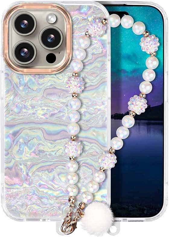 Compatible with iPhone 16 Pro Max Case for Women Girls, Slim Fit Glitter Cute Phone Case for iPhone 16 Pro Max with Pearl Phone Charm Lanyard Wrist Strap, Hard Protective Case 6.7 Inch Shiny White - Product Image