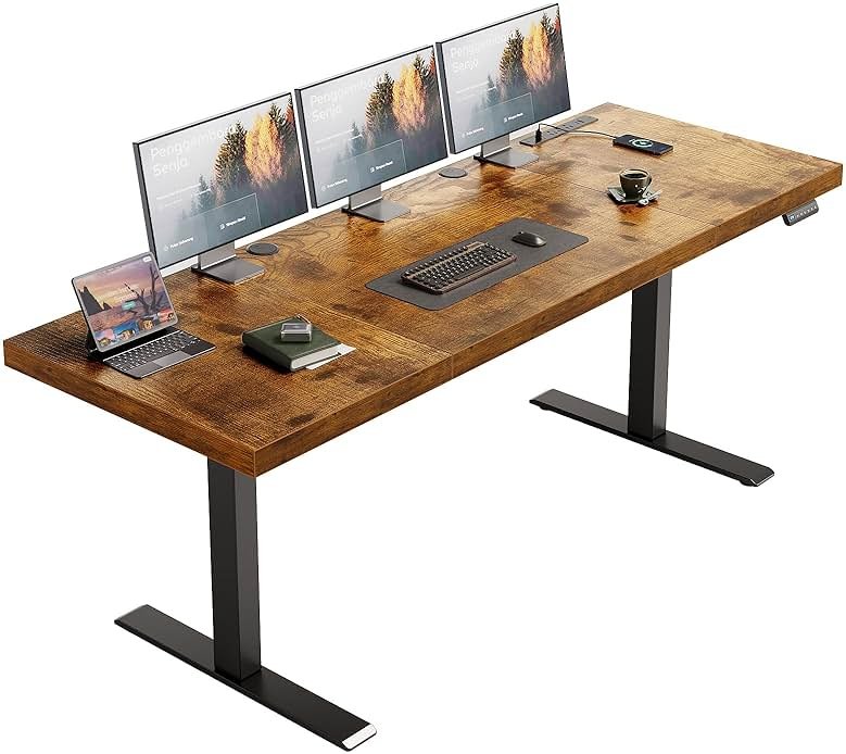 OffiGo 71 Inch Executive Electric Standing Desk, Height Adjustable Desk with Power Outlet & 1.38" Thick 3-Piece Desktop, Sit Stand Computer Desk for Home, Office, Conference Room, Rustic Brown - Product Image