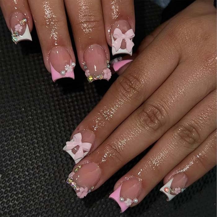 24pcs French Tip Press-On Nails - Short, Charms, Bow, Flower Design, Pink, Cute, Square Shape, Acrylic, Rhinestones - Product Image