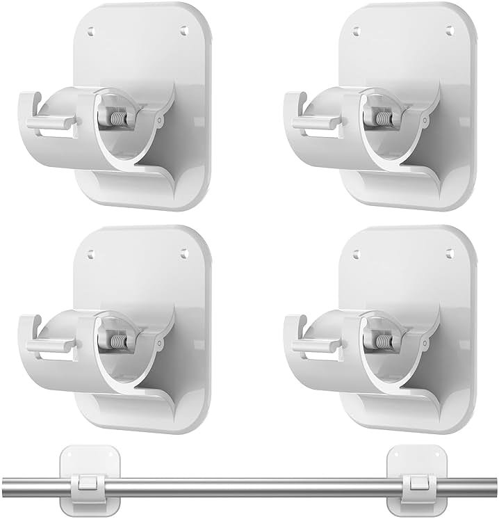 No Drill Curtain Rod Brackets No Drilling Holder 20lb - Renter Friendly Self Adhesive Hooks for Apartment Dorm Classroom Essentials Decor Hanging Drapes Rv Over Blinds Kitchen Bedroom Home - Product Image