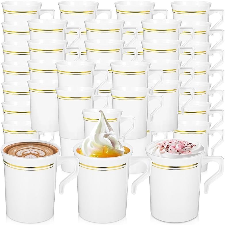 Ubamdom 48 Pcs Plastic Coffee Cups with Rim, 8 oz Disposable Coffee Mugs with Handle Disposable Tea Cups Espresso Beverage Plastic Mugs for Wedding (White, Gold) - Product Image