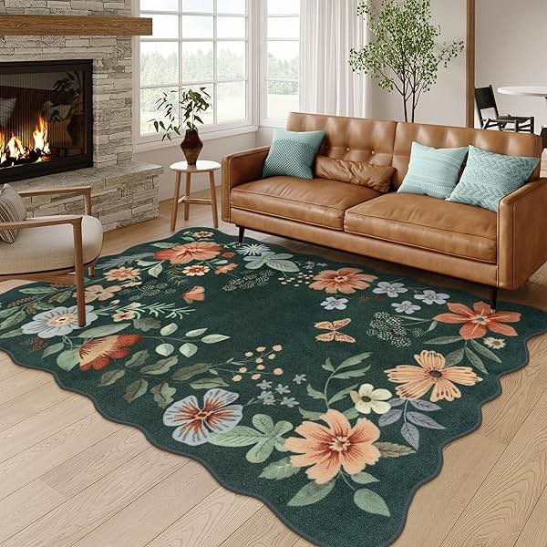 Lahome Floral Washable Living Room Rugs, 5x7 Green Area Rugs for Bedroom ‎‎‎‎Nursery, Ultra-Thin Soft Non-Slip Stain Resistant Boho Throw Carpet for Dining Room Office Flore, Dark Green - Product Image
