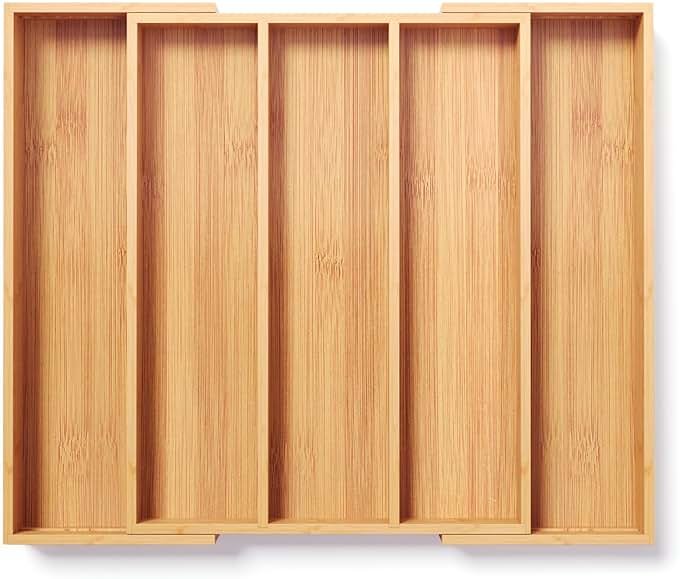 Fibogollo Expandable Kitchen Drawer Organizer,Bamboo Silverware Organizer,Adjustable Flatware Tray for Utensils(16.92 * 13.30~22.83 * 1.96) - Product Image