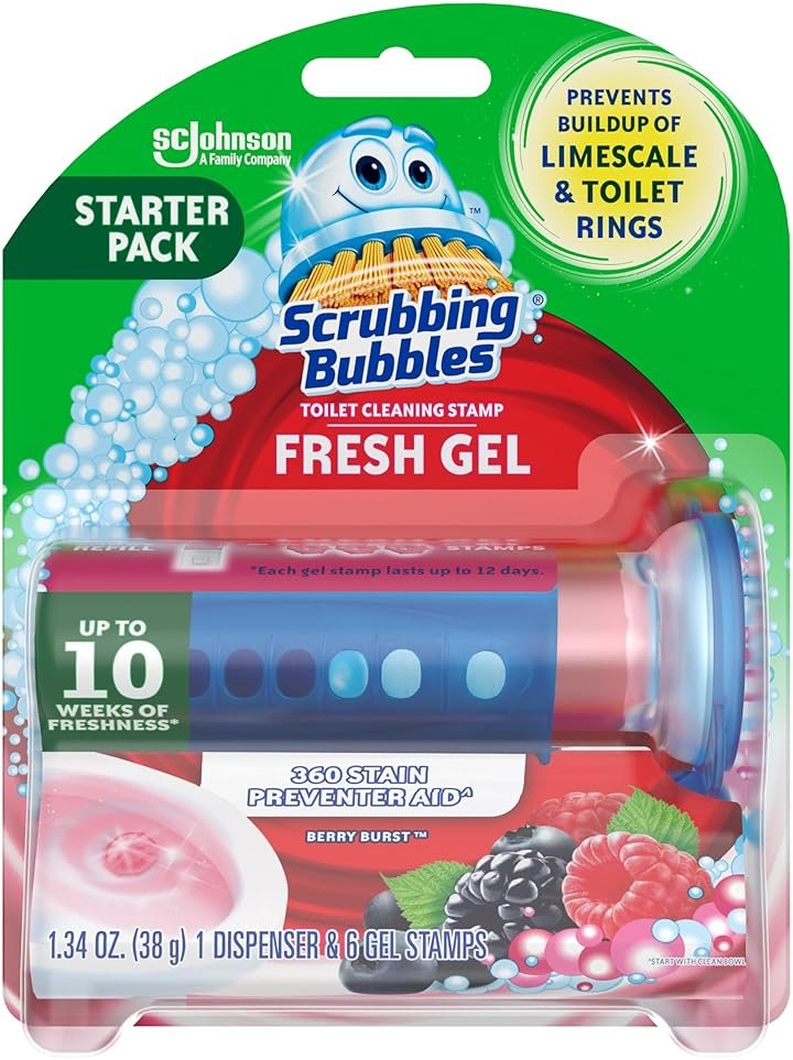 Scrubbing Bubbles Fresh Gel Toilet Bowl Cleaning Stamps, Helps Keep Toilet Clean and Helps Prevent Limescale & Rings, Berry Burst Scent, 1 Dispenser with 6 Fresh Gel Stamps - Product Image