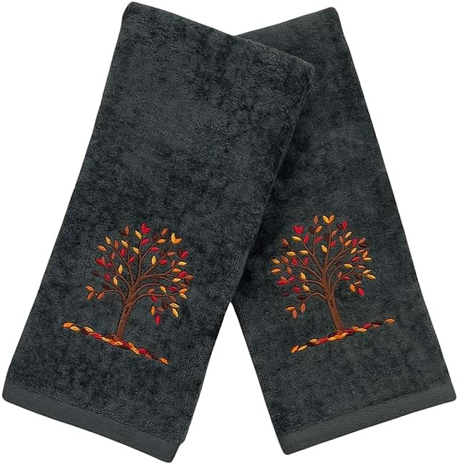Serafina Home Harvest Fall Bathroom Guest Hand Embroidered Towels 2 Pc Set: Autumn Tree Design Bath Plush Grey Gray Towels, 100% Cotton, 16" x 25" Inches, Oeko-TEX Certified - Product Image