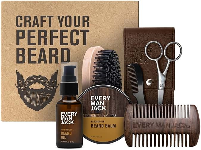 Every Man Jack Beard Care Gift Set for Men – Complete Grooming Kit with Beard Oil, Balm, Brush, Dual-Sided Comb, Trimming Scissors & Mustache Comb - Sandalwood Scent - Product Image