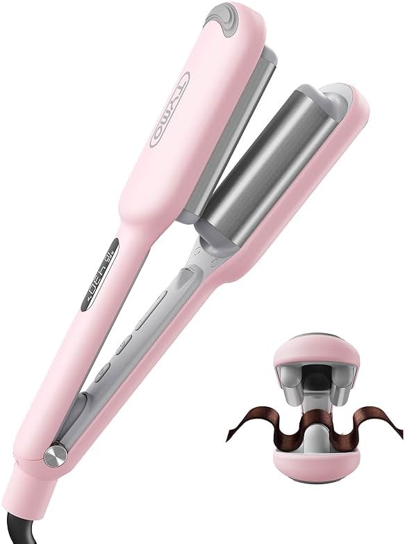 Curling Iron Hair Crimper Waver - TYMO ROVY Beach Waves Curling Wand, Ionic Deep Waver Hair Curler Tool with Ceramic 3 Barrel for Women, Dual Voltage, Anti-Scald, Easy to Use, Pink, 1 Inch - Product Image