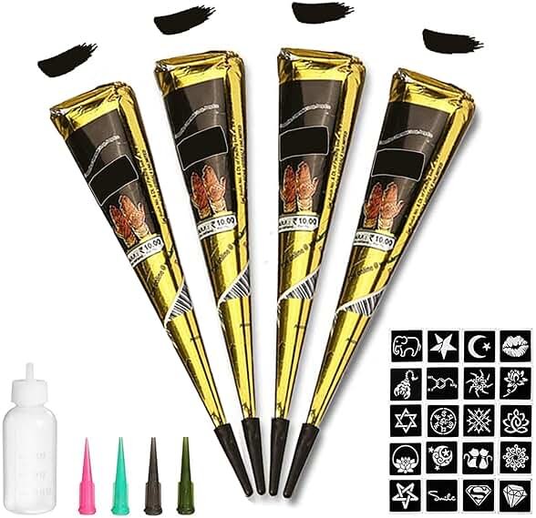 Temporary Tattoos Kit, 4Pcs Black Tattoo Paste Cones, 100% Natural Ready to Use Black Tattoo Paste, India Body DIY Art Painting for Women Men Teens with 20 Adhesive Stencils, 1 Bottle, 4Nozzles - Product Image