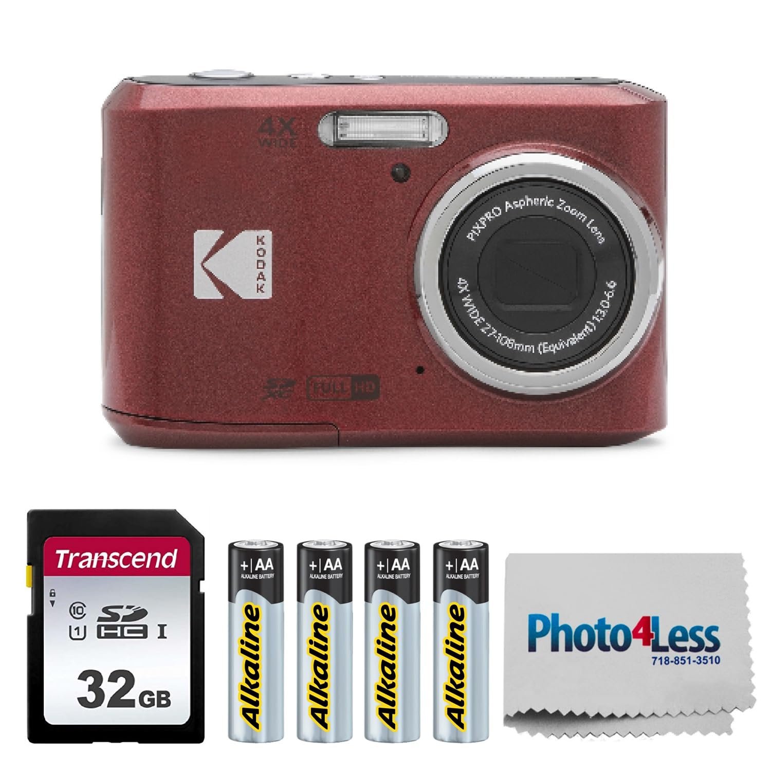 KODAK PIXPRO FZ45 16MP Digital Camera with 4X Optical Zoom 27mm Wide Angle and 2.7" LCD Screen Bundle with 32GB SD Memory Card, AA Batteries (4 Pack), Lens Cleaning Cloth (Red) - Product Image