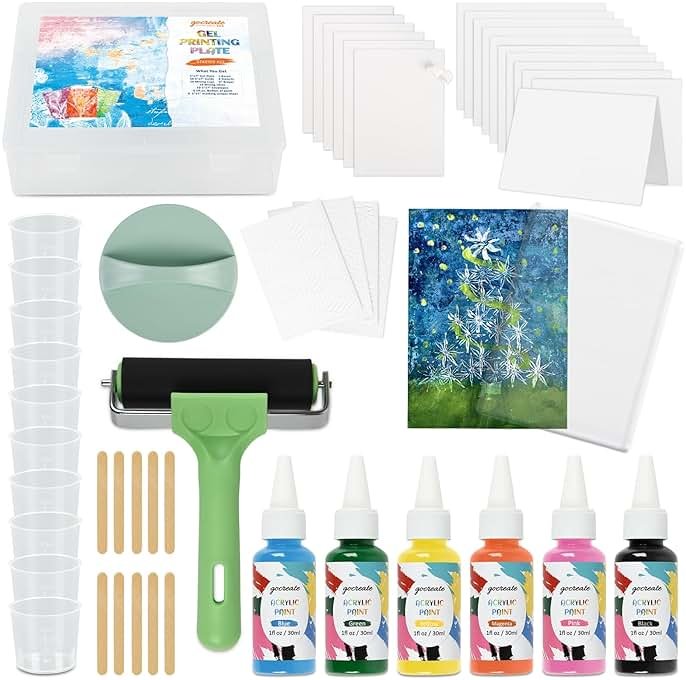 Gel Printing Plate Kits with Paints, Brayer, Baren, Stencils, Washi Stickers, Mixing Cups, Sticks , Blank Cards And Envelopes Storage Case 5X7 Gel Plate for Printmaking Supplies for Art And Crafts - Product Image