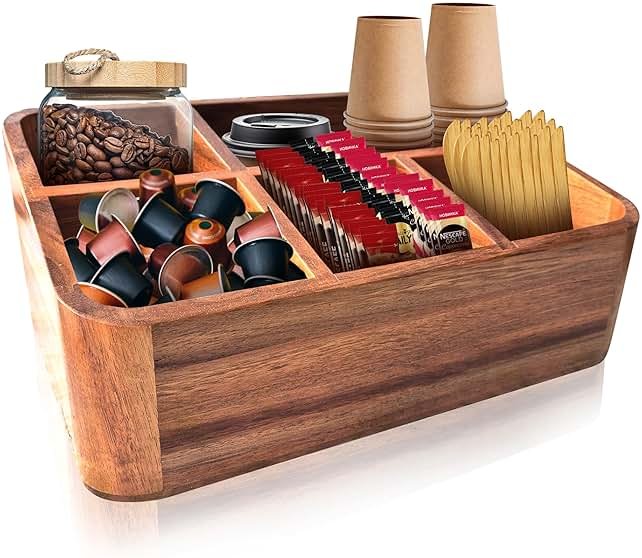 Dstuff Acacia Wood Coffee Station Organizer for Countertop, Tea Organizer and Holder, Coffee Bar Caddy with Multiple Compartments for Home and Office Decor - Product Image
