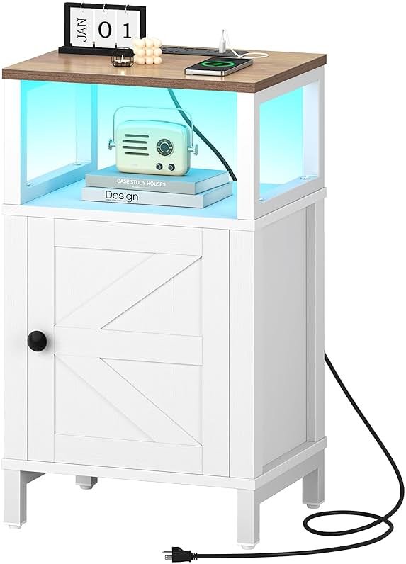 Yoobure Farmhouse NightStand with Charging Station，Wood Night Stand End Table with USB Ports, LED Bed Side Table with Storage Cabinet，Bedside Table for Bedroom, Living Room White - Product Image