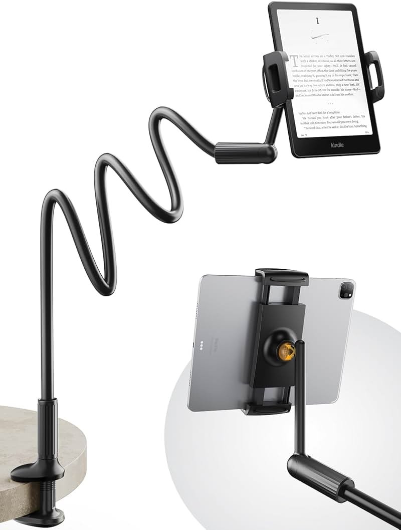SAIJI 47" Gooseneck Kindle Holder, Tablet Holder for Bed with Upgraded Base, iPad Stand with Flexible Lazy Arm, Compatible with iPad mini Pro Air, Kindle, Galaxy or Other 4.7-11" Device (Black) - Product Image