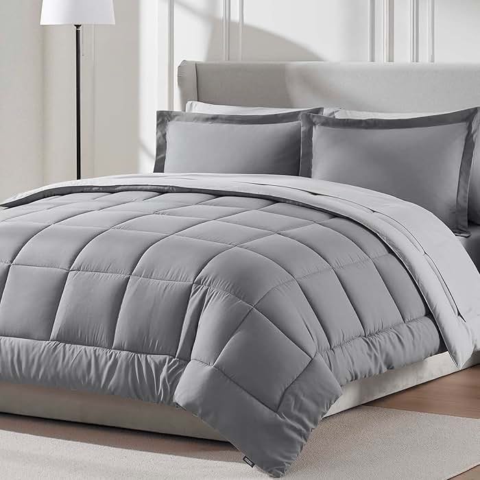 Nestl 7 Piece Queen Comforter Set – Grey Reversible Bed in a Bag – Complete Queen Size Bedding Set with Sheets, Pillowcases and Shams - Product Image