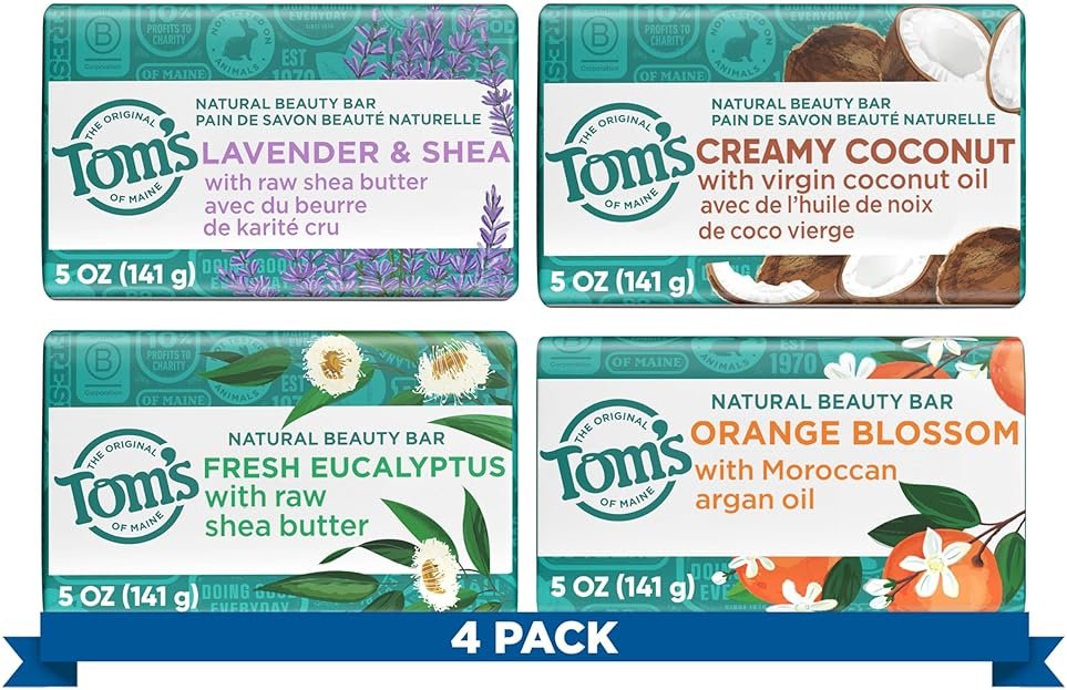 Tom’s of Maine Natural Bar Soap Variety Pack, Lavender & Shea, Creamy Coconut, Orange Blossom, Lemon Bergamot, Dermatologically Tested, Paraben Free, Vegan, 4 Count - Product Image