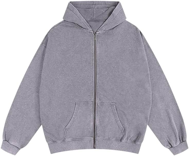 Bobeutou Mens Zip Up Acid Wash Hoodie Vintage Oversized Casual Fall Jacket Cotton Hooded Sweatshirts with Pockets Streetwear - Product Image