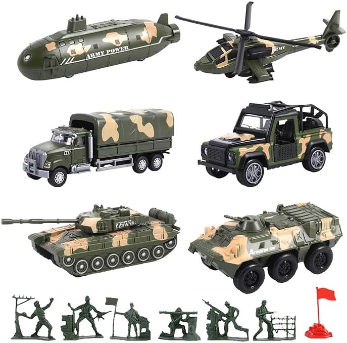 OTONOPI Military Vehicle Set Assorted Army Model Car Helicopter Submarine Tank Armored Car Panzer Transport Truck with Army Men Action Figures Soldiers Die Cast Alloy Metal Pull Back Toys for Kids - Product Image