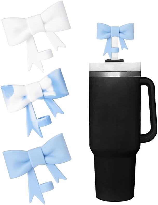 SEEZIZI 3 pcs Blue Bow Straw Covers Cap Toppers Compatible with Stanley 30&40 oz Tumbler Cups,Reusable Cute Silicone Straw Tips Lids Protectors for 0.4 in/10mm Stanley Cups Straws Accessories - Product Image