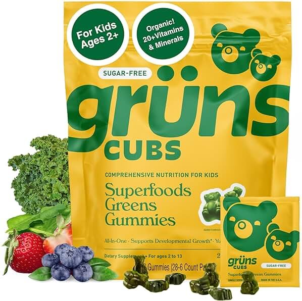 Gruns Multivitamin for Kids, Sugar-Free, Super Greens Superfood Gummy Bears with 20 Vitamins & Minerals, Alfalfa, Spirulina, Chlorella, Prebiotics Fiber for Digestive Health, Adaptogens, 28 ct - Product Image