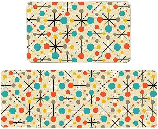 Mid Century Fifties Modern Atomic Kitchen Mats and Rugs Set of 2, Yellow Retro Floor Mats for Kitchen Sink Home Decor Cute Kitchen Rug Non Slip Washable, 17"x29"+17"x47" - Product Image