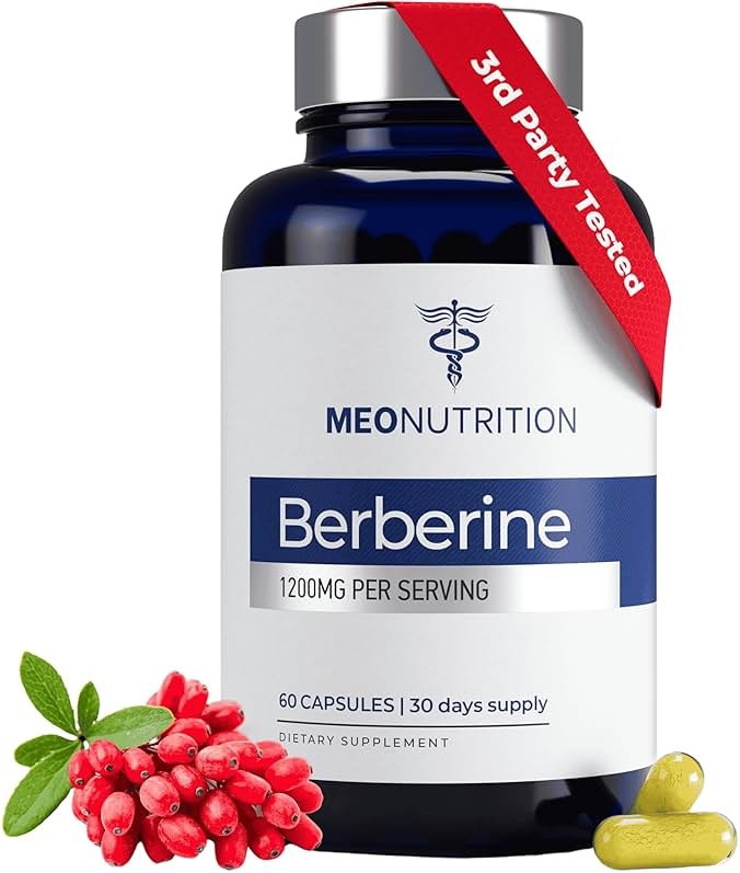 Meo Nutrition Berberine Supplement 1200mg HCI - 60 Capsules, 3rd Party Lab Tested, Non-GMO, GMP Certified - Supports Metabolic Health & Overall Wellness - Product Image