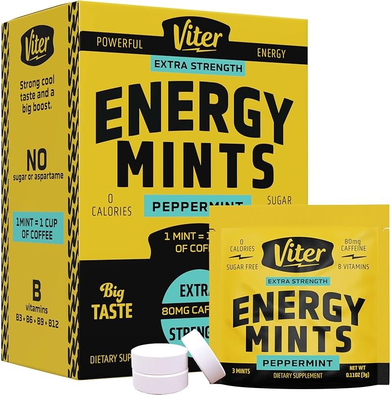 Viter Energy Caffeine Mints 80mg Extra Strength - 90 Pieces Caffeinated with B Vitamins. Sugar Free Vegan Breath Mint. Energize Nootropic Focus Booster for Fast Alertness (Peppermint Flavor, 30 Pack) - Product Image