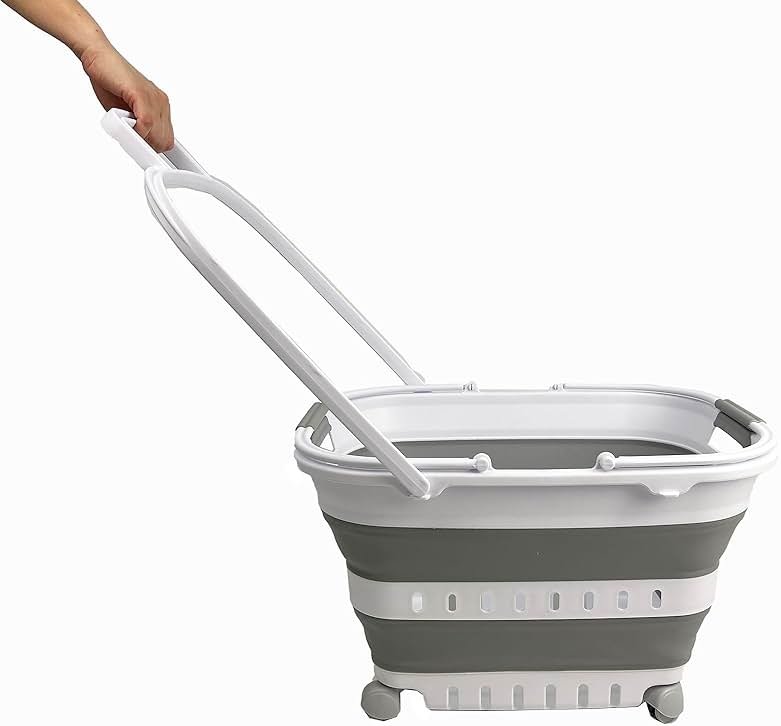 SAMMART 35L (9.24 Gallons) Collapsible Plastic Laundry Basket with Handle and Wheels - Foldable Pop Up Storage Container/Organizer with handle and wheels - Space Saving (1, White/Grey) - Product Image