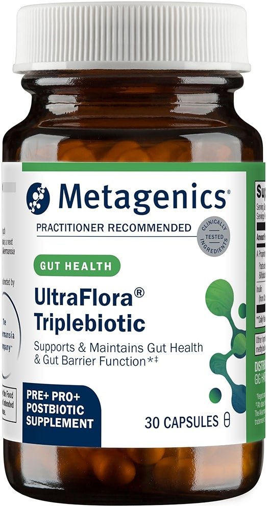 Metagenics UltraFlora Triplebiotic - Prebiotic, Probiotic & Postbiotic Blend with Akkermansia for Gut Health* - Supports Digestive Balance, Microbiome & Immune Function* - Shelf-Stable - 30 Capsules - Product Image