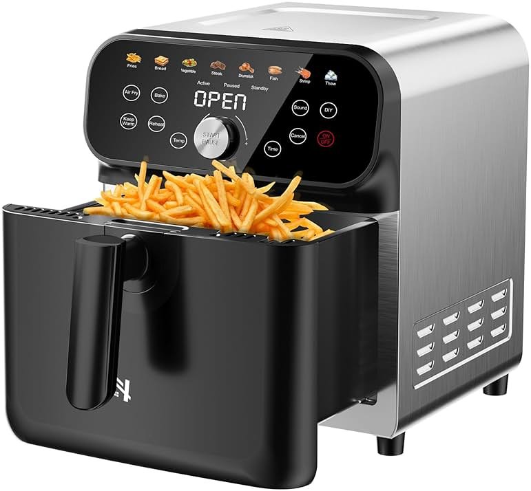 WHUTO 6QT Air Fryer Oven with LED Digital Touchscreen, 12 Preset Cooking Functions Air fryers, Bake, Reheat, Keep Warm, Nonstick and Dishwasher-Safe Basket, Stainless Steel/Black - Product Image