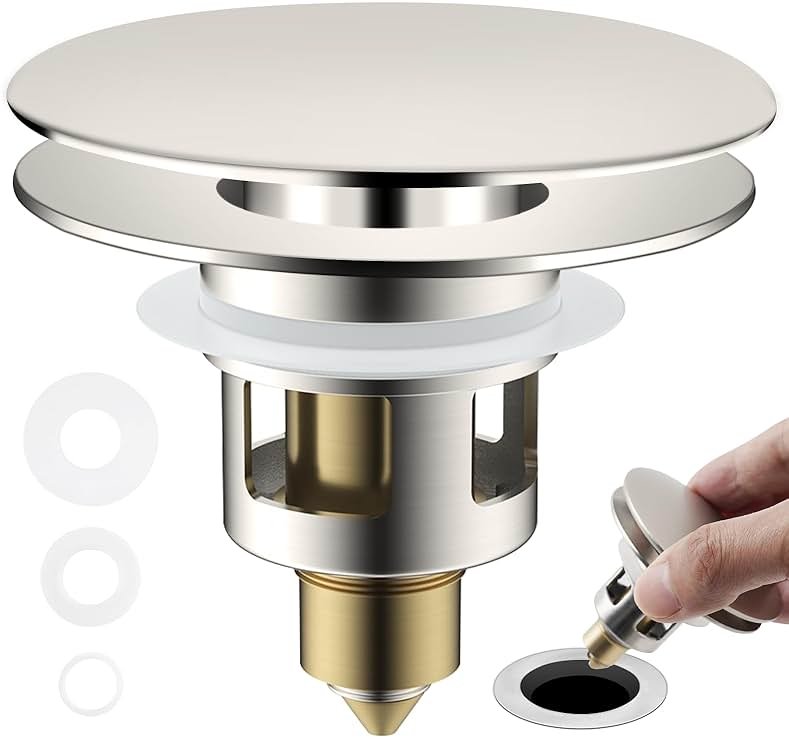 Universal Bathroom Sink Drain Strainer Hair Catcher Upgraded with Removable Stainless Steel Filter Basket, 2 in 1 Pop Up Sink Stopper for 1.1''~2.36'' Sink Basin Hole, Big Cover Cap, Brushed Nickel - Product Image