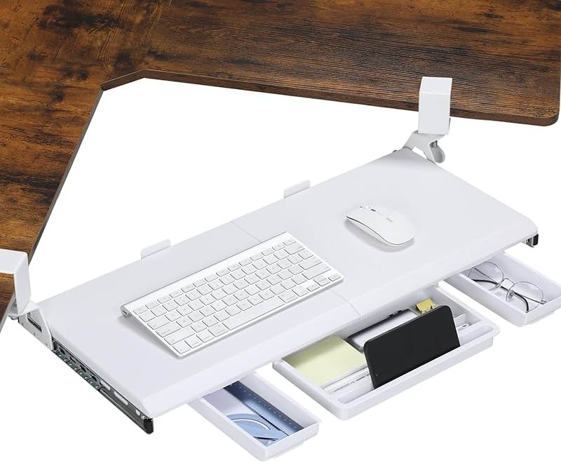 ETHU Keyboard Tray Under Desk, Ergonomic Corner Keyboard Tray with 180° Adjustable C Clamp for L Shape Desk 26.77" X 12.2" Easy to Install, Computer Keyboard Stand for Home and Office (White) - Product Image