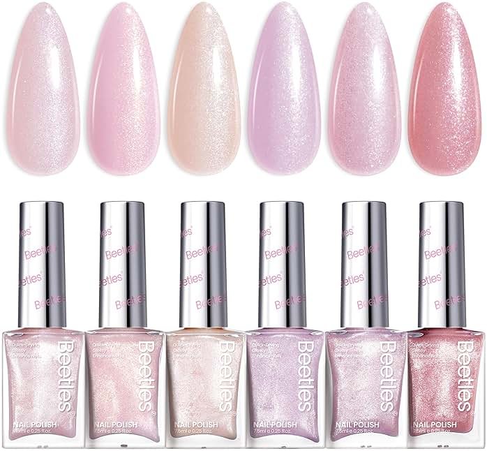 Beetles Pink Nail Polish Set, 6 Colors Glitter Quick Dry Nail Polish Kit Sly Moonlit Fairy Fingernail Polish Gifts for Women Salon DIY Spring Nails - Product Image