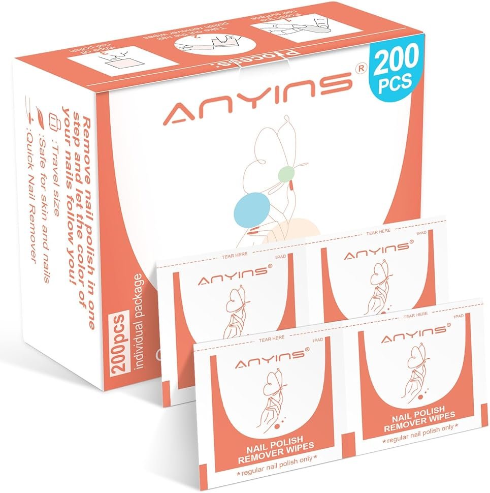 ANYINS Nail Polish Remover Pads，200PCS Fast Remove Nail Polish Remover Wipes with Nutrition Oil Individually Wrapped Professional Nail Salon and Home Use - Product Image