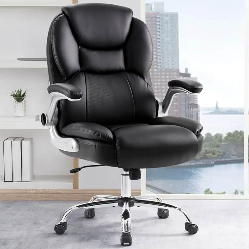 IWMH Executive Office Chair, Ergonomic Big and Tall Computer Desk Chair, High Back PU Leather Chair with Padded Flip-up Armrest, Lumbar Support Swivel Rolling Chairs Black - Product Image
