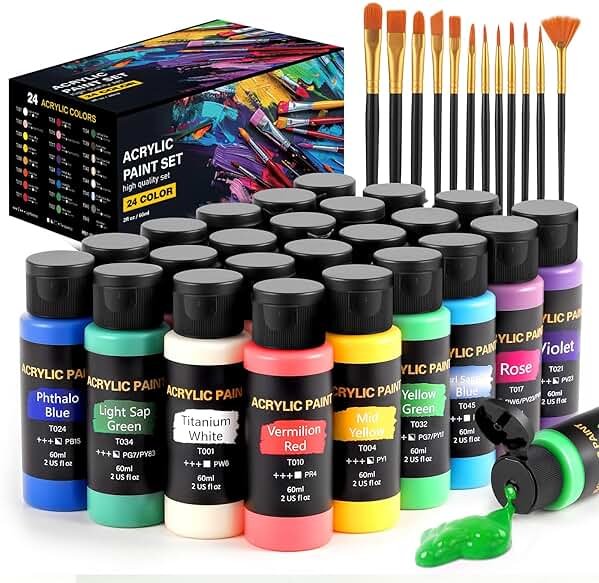 TMOL Acrylic Paint Set, 24 Colors (2 oz/Bottle) with 12 Art Brushes, Art Supplies for Painting Canvas, Wood, Ceramic & Fabric, Rich Pigments Lasting Quality for Beginners, Students & Professional Artist - Product Image