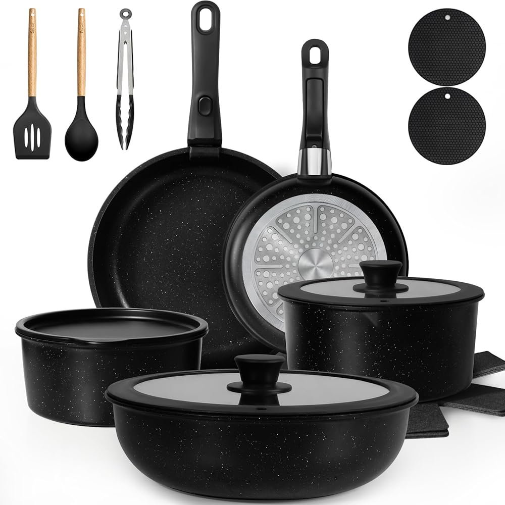 Nonstick Pots and Pans Set - 20 Pack KIKCOIN Stackable Cookware Set with Detachable Handle, RV Kitchen Cooking Set with Removable Handles - Oven Safe, Induction Ready (Black) - Product Image