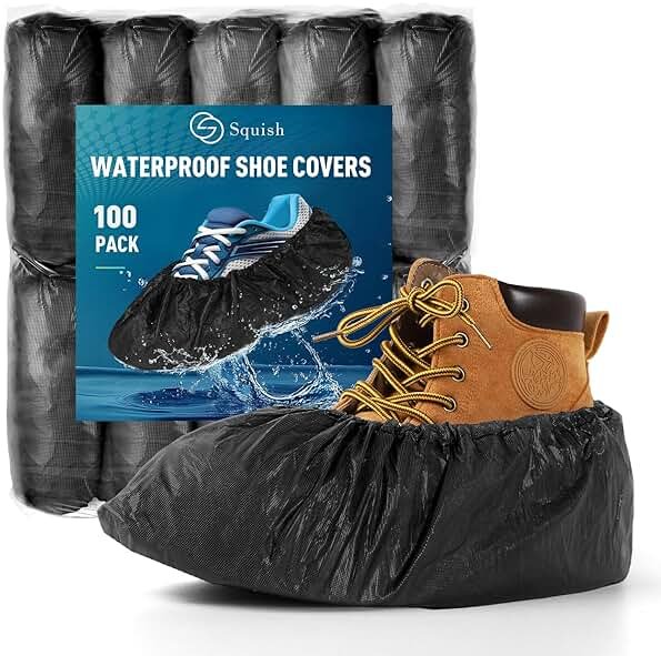 squish Shoe Covers Disposable Non-Slip, 100 Pack 6g Thick Booties Cover, Waterproof Slip Resistant Disposable Shoe Covers Durable Protector Covers for Indoors and Outdoors Fit Up to 13 Size (Black) - Product Image