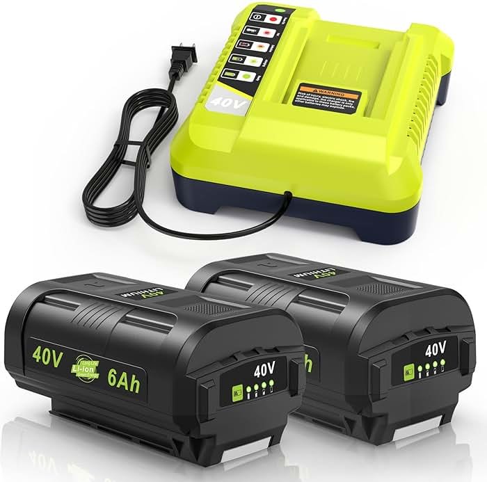 Compatible for Ryobi 40v Battery 6.0Ah 2Pcs OP4060 OP401 Charger Combo High Capacity Strong Power for Ryobi 40v Battery and Charger Lawn Mowers Leaf Blowers for OP4015 OP4040 OP4026A OP40201 OP4050A - Product Image