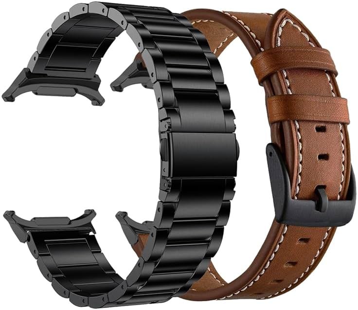 YEEJOK Compatible for Samsung Galaxy Watch Ultra 47mm Bands 2024/2025, Stainless Steel Metal+Leather Watch Straps Replacement for Men Women Smartwatch Accessory - Product Image