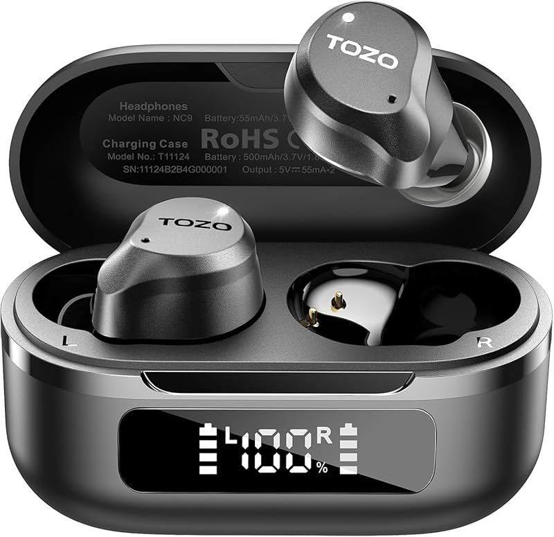 TOZO NC9 Hybrid Active Noise Cancelling Wireless Earbuds, 6 Mics ENC Clear Call, IPX8 Waterproof, in Ear Bluetooth 5.3 Headphones Stereo Bass Ear Buds 60H Playtime with LED Display 32 EQs via APP - Product Image