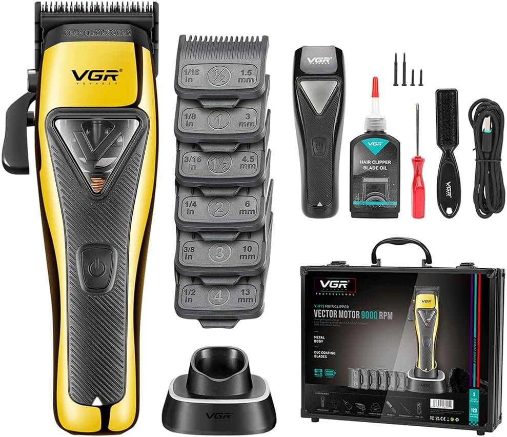 VGR 015 Professional Cordless Hair Clippers for Men, 9000 RPM Vector Motor Hair Trimmer DLC-Blade Barber Clipper for Hair Cutting with Metal Body, 1 Modular Lid in Black, Travel Case - Product Image