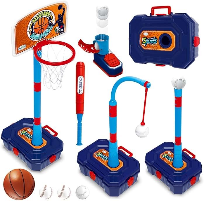 4 in 1 Basketball Hoop for Kids 1-3, 3-5, Toddler Basketball Goal and T Ball Set, Adjustable Basketball Hoop, Indoor Outdoor Sports Toys, Birthday Gifts for Kids Boys 1 2 3 4 5 Years Old - Product Image